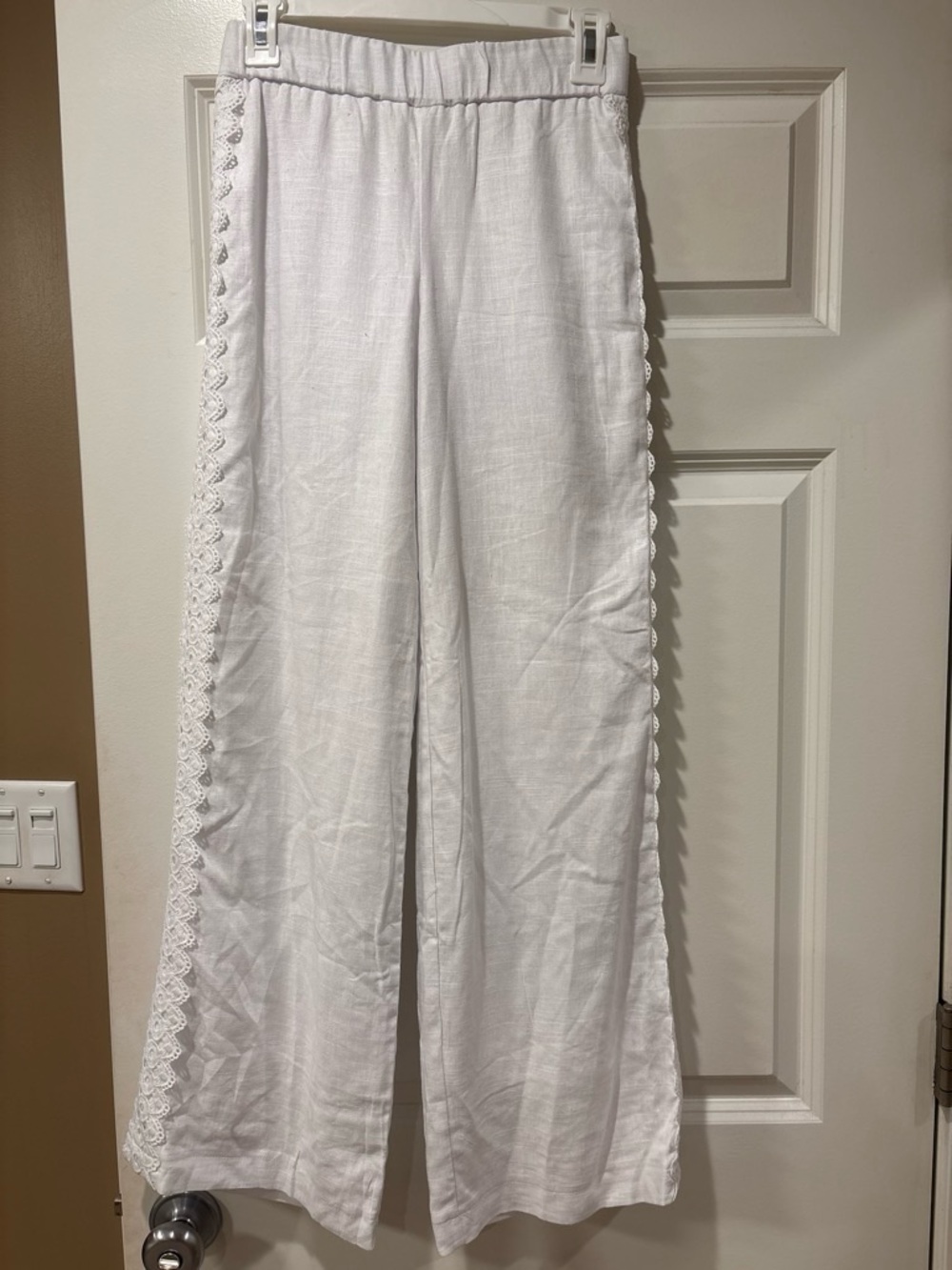 White Linen Wide-Leg Crochet Trim Pants